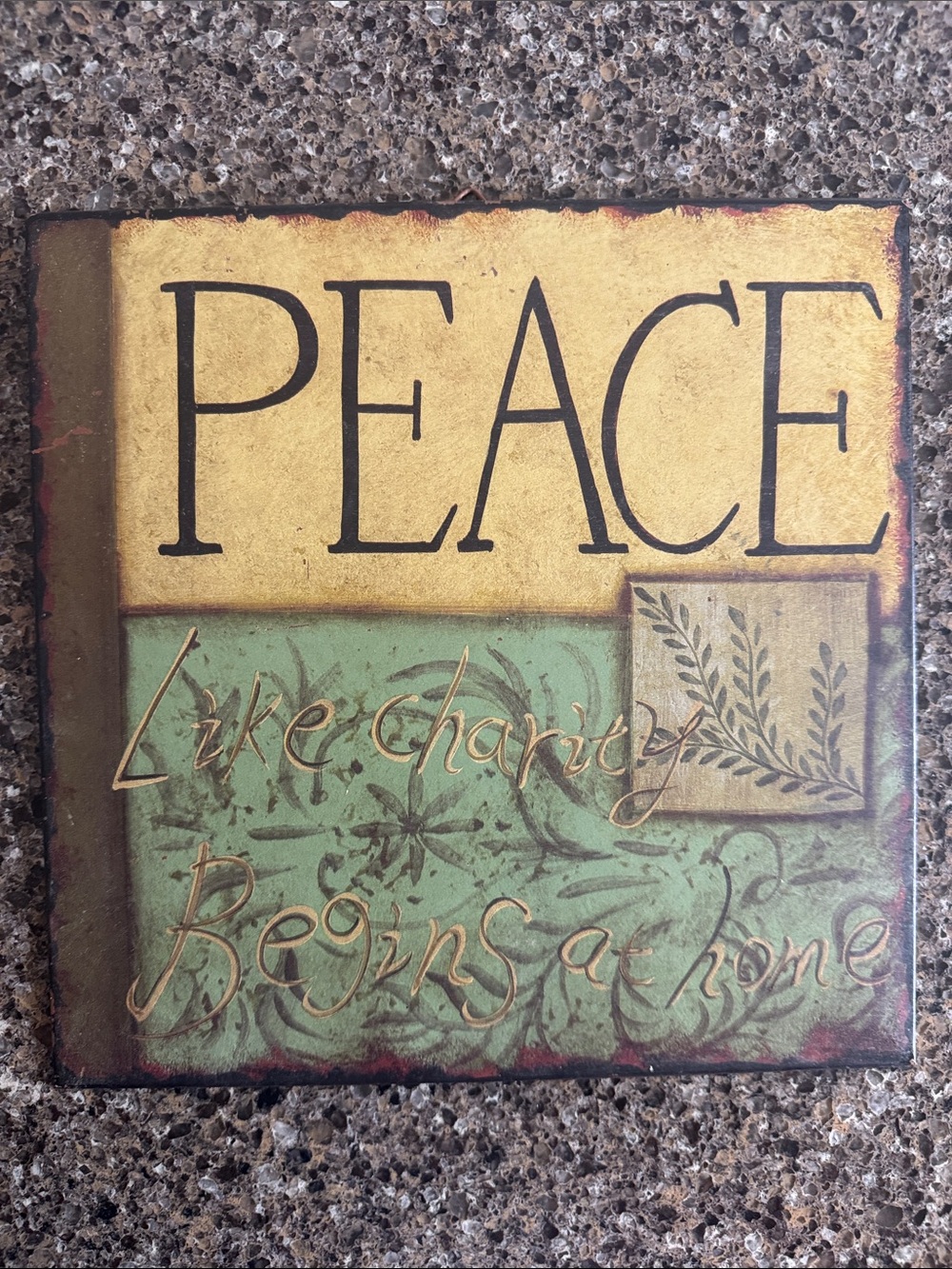 PEACE Wall Art Sign - Green and Gold Rustic Décor Painted on Metal